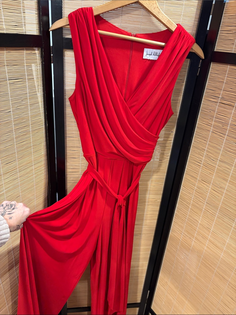 Joseph Ribkoff Red Sleeveless Draped Jumpsuit with Self-Tie Waist